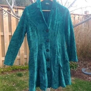 C.M.C. teal blue green flared coat dress textured cotton blend tapestry …